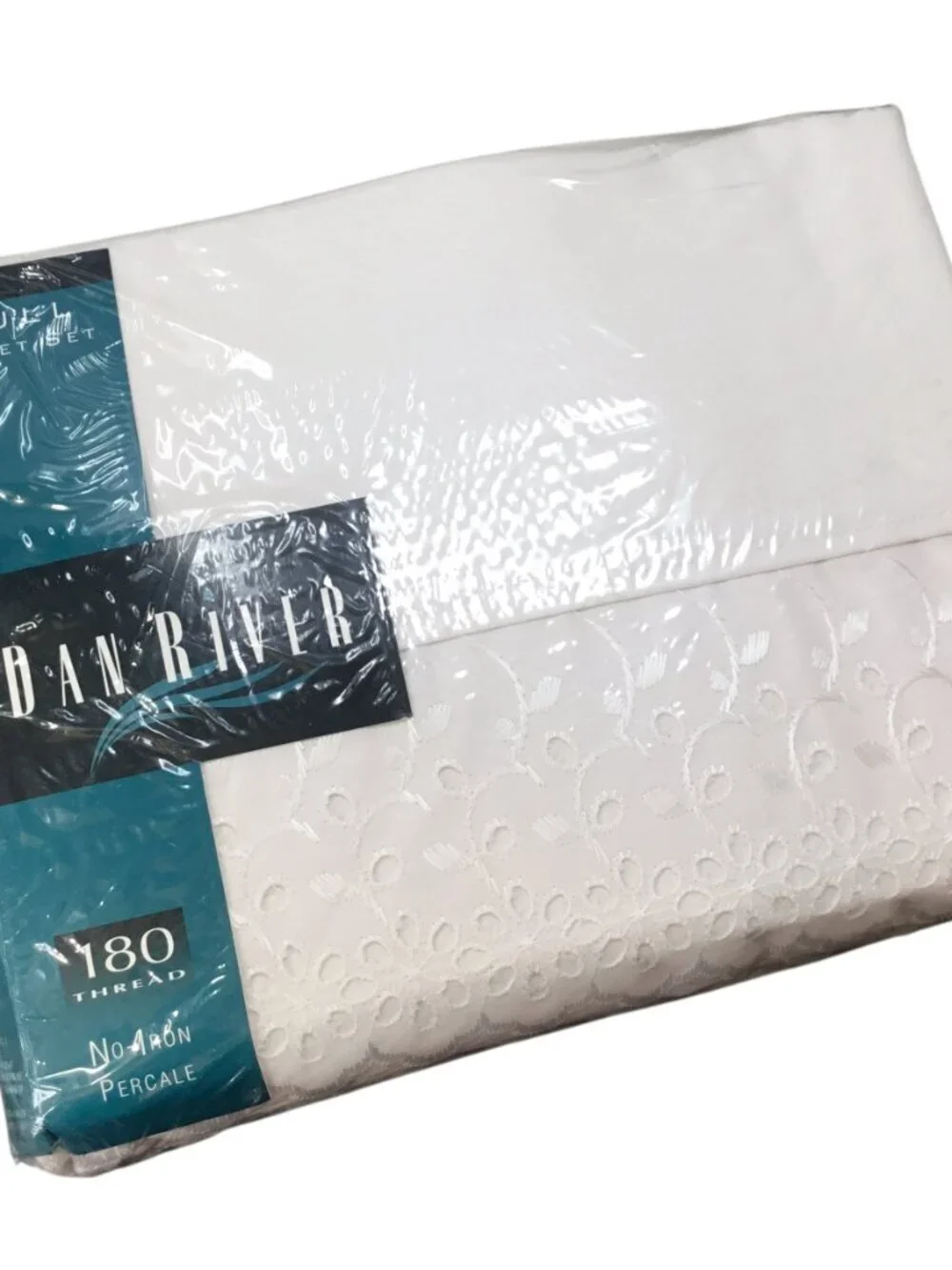 Dan River NOS No Iron Percale Sheet Set White Eyelet Full Double 180 Thread Ct